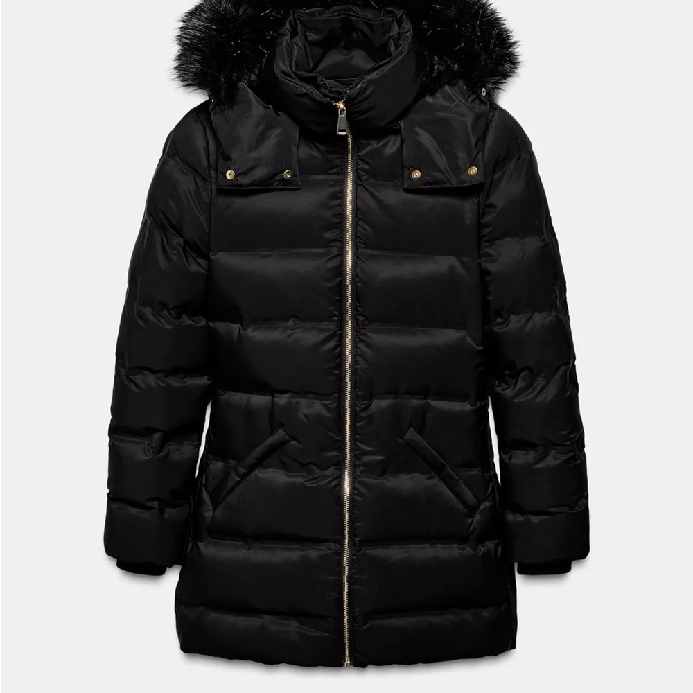 Zara Black Puffer Coat with Fur Trim